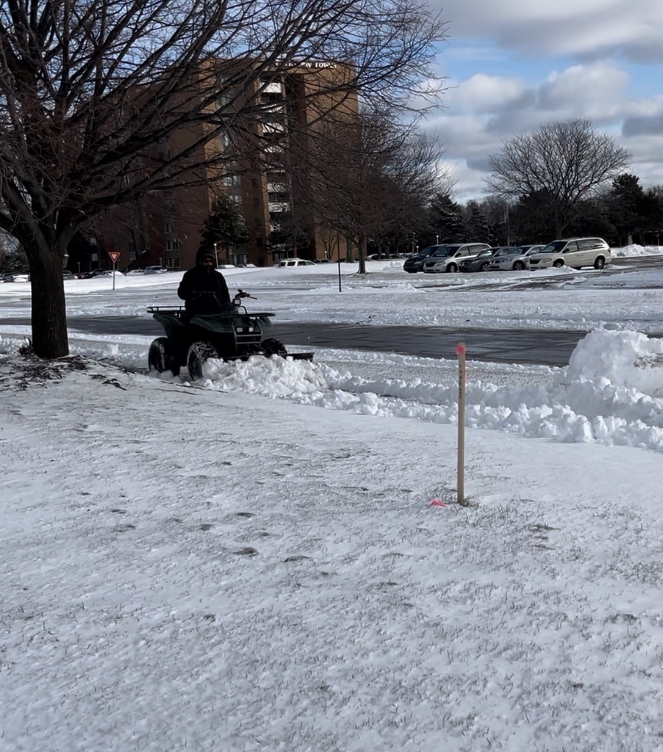 Worker clearing snow from a commercial sidewalk